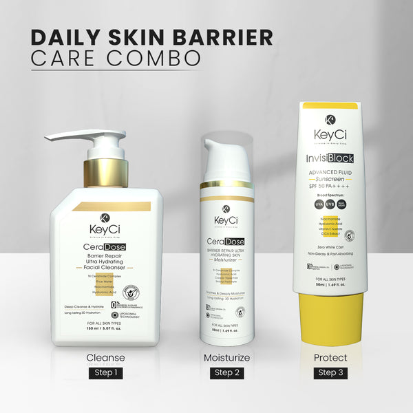 KeyCi Daily Skin Barrier Care Combo | Cleanser 150ml + Moisturizer 50ml + Sunscreen 50ml | Pack of 3