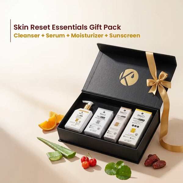 KeyCi Skin Reset Essentials Gift Pack | Cleanser 150ml + Serum 30ml + Moisturizer 50ml + Sunscreen 50ml | Pack of 4